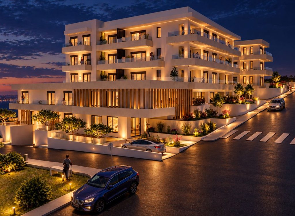 3D rendering of the complex at dusk, with lit balconies and the surrounding grounds.