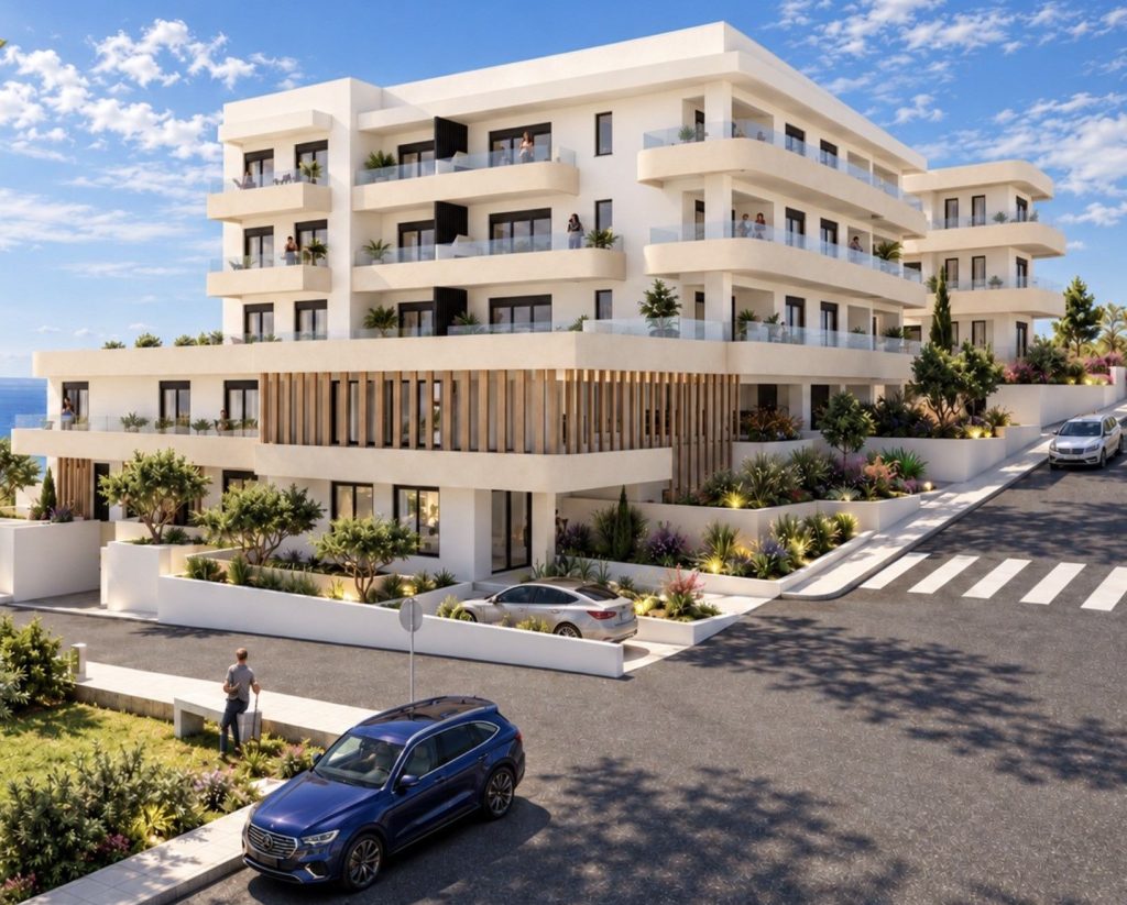 3D rendering of the new complex in Kallithea, with its balconies, timber louvres on the ground floor and planting on the street corner.