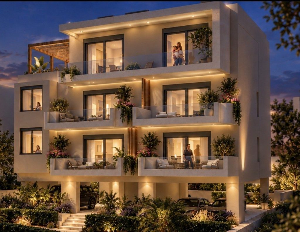 3D rendering of the building at dusk, with lit balconies and parking spaces under the pilotis.