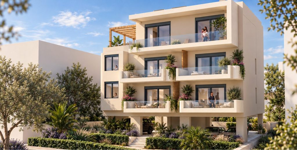 3D rendering of the new five-apartment building in Kallithea, with its balconies, the roof-terrace pergola and the planted front garden.
