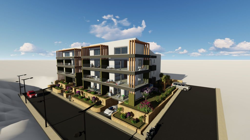 3D rendering of the design: the two buildings seen from above at an angle.