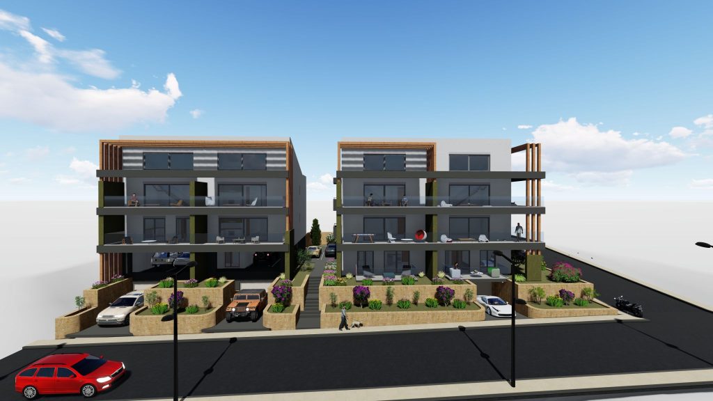 3D rendering of the design: the two buildings from the street, with parking spaces and planting in front of them.