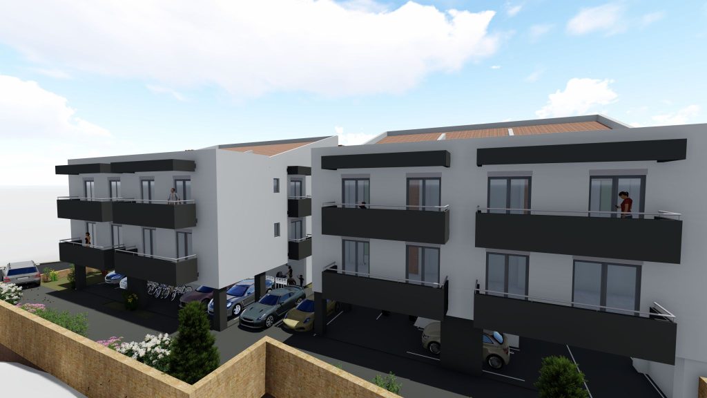 3D rendering of the design: the rear of the buildings with the parking areas.