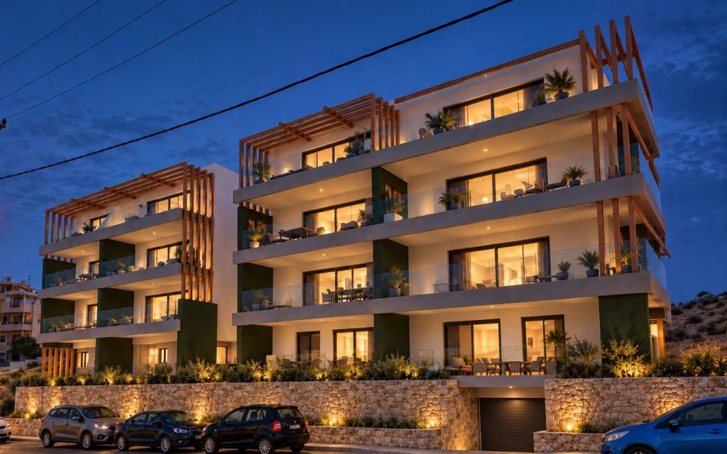 The two buildings at dusk, with lit balconies and planting along the stonework.