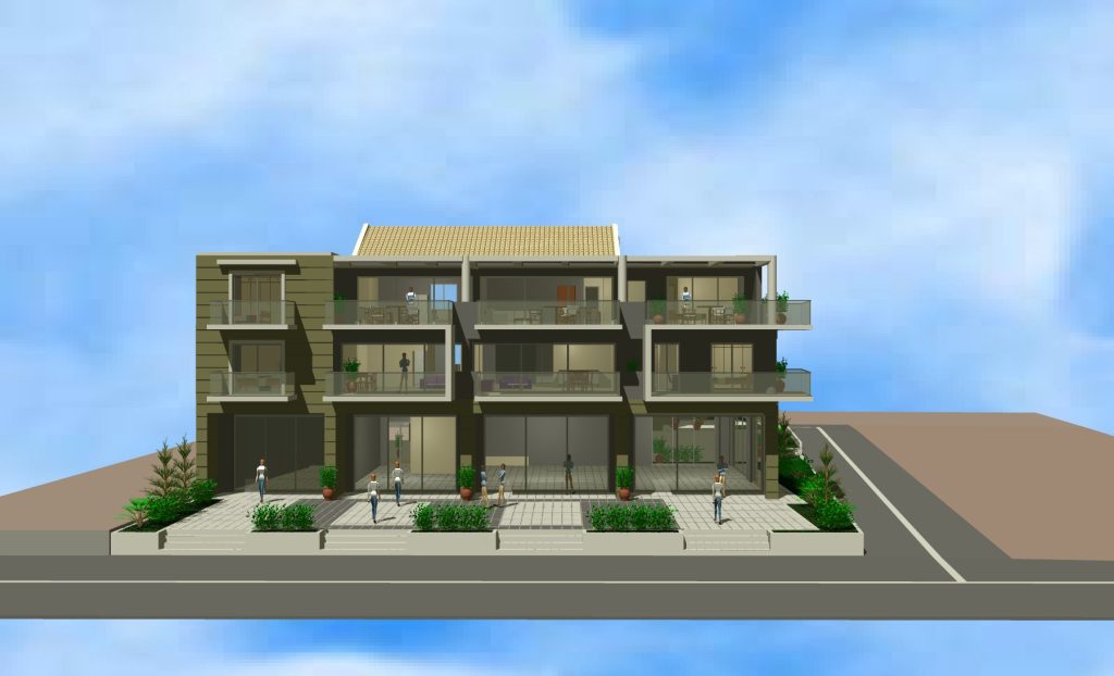 3D rendering of the front, with the shops on the ground floor and the apartments on the floors above.