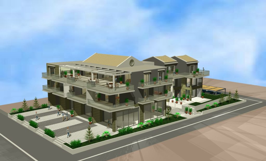 3D rendering of the design: the building on the corner of the plot, with the upper-floor pergolas and the paved forecourt.