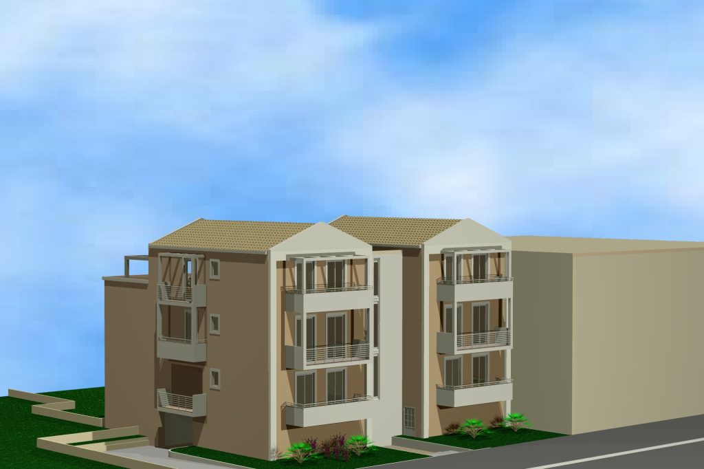 3D rendering of the design: the three-storey building with its two tiled roofs and balconies with pergolas.