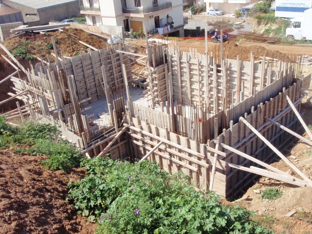 The formwork for the basement walls, ready for the concrete pour.