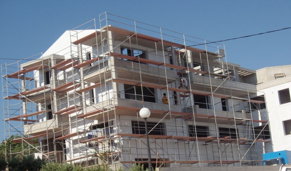 Scaffolding on the street front during the final works.