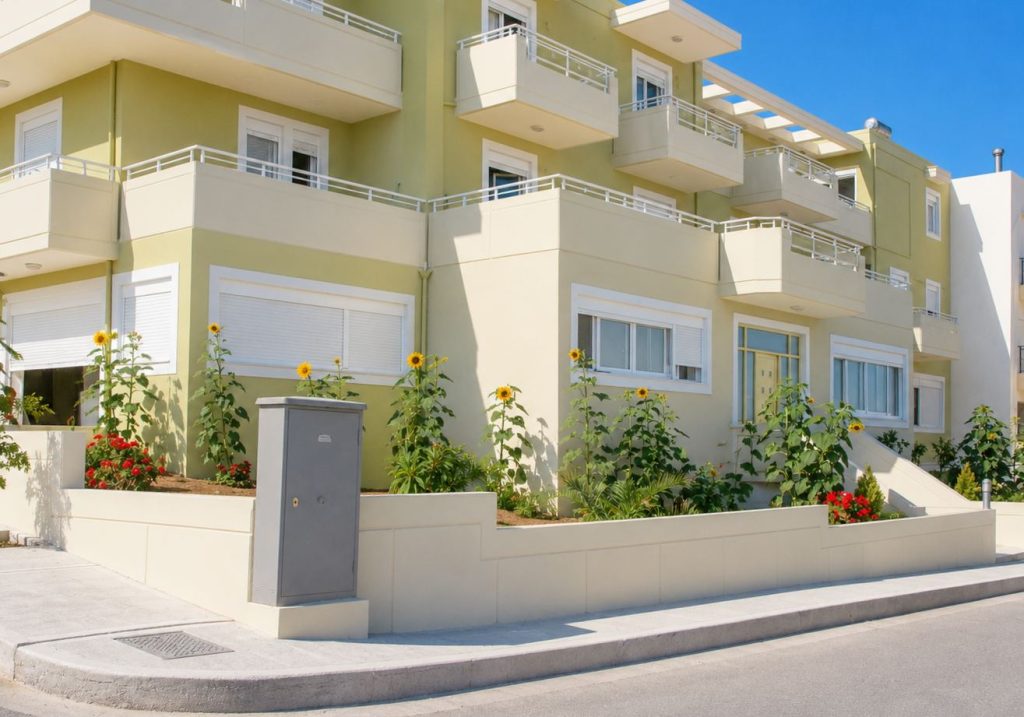 The ground-floor front with the apartments and the garden of sunflowers behind the fence.