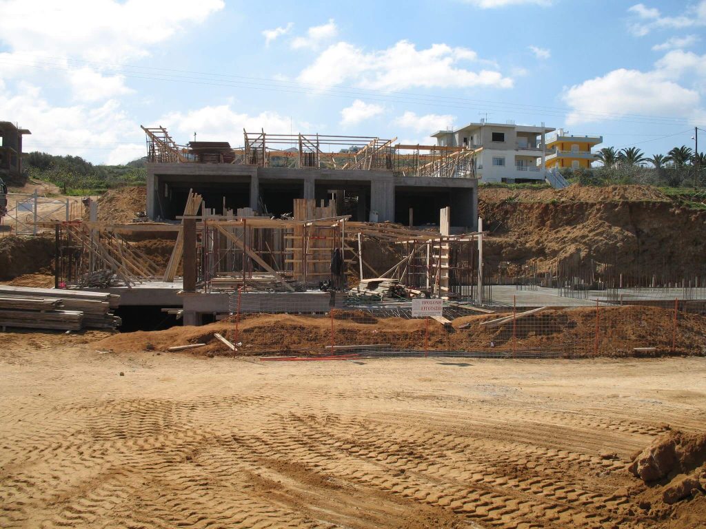 The ground-floor load-bearing structure with the formwork for the next floor.