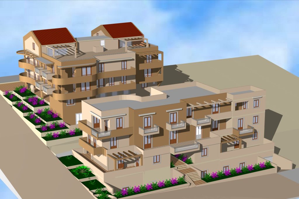 3D rendering of the design: the two buildings on the plot, with the terraced flower beds along the front.