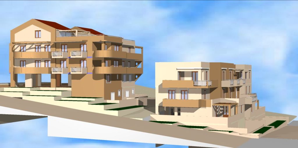 3D rendering of the design, showing the two building volumes on the sloping plot.