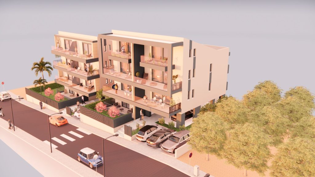 3D rendering of the design: the complex from above, with the gardens and parking spaces.