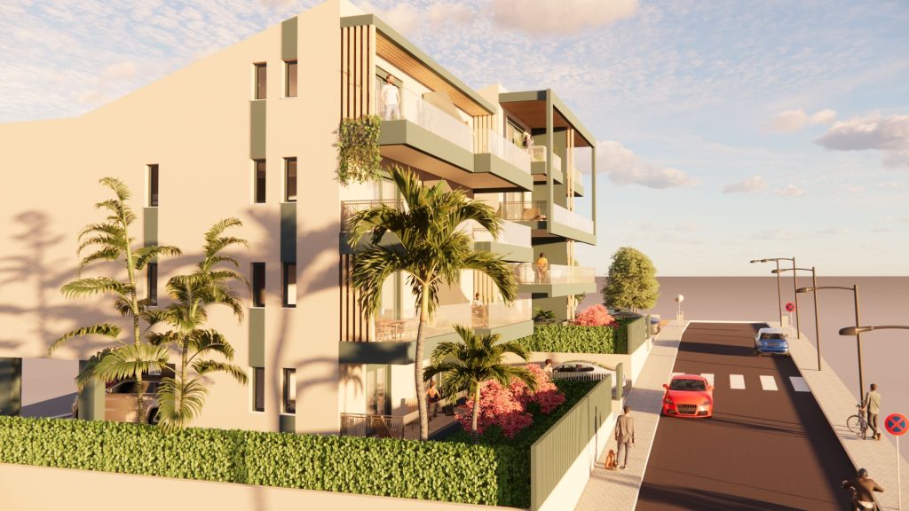 3D rendering of the design: the building from the street, with palm trees and a planted front area.