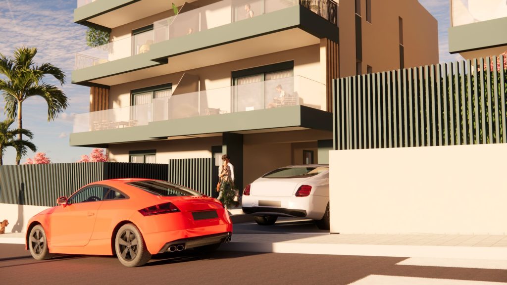 3D rendering of the design: the entrance to the parking area beneath the balconies.