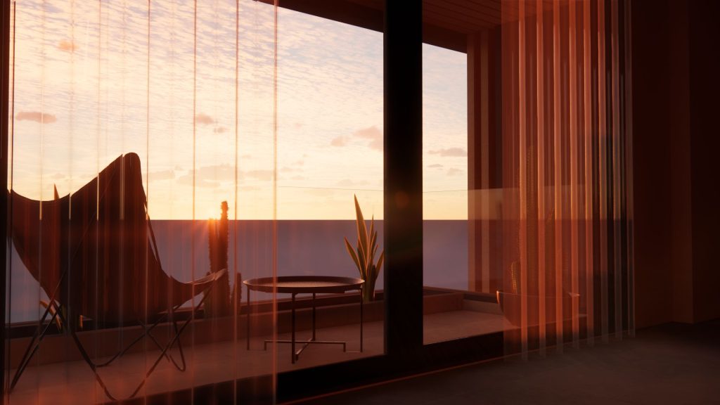 3D rendering of the design: a living room with sliding doors onto the balcony, at sunset.