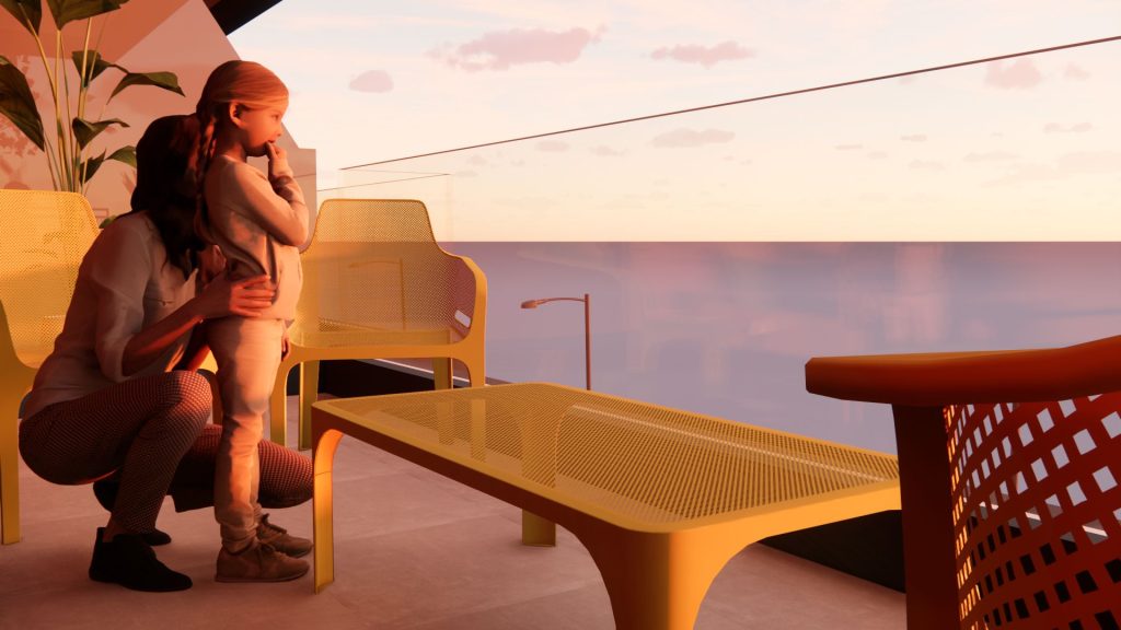 3D rendering of the design: a balcony with a sea view.