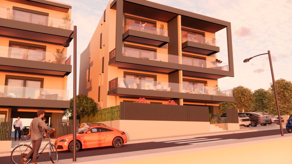 3D rendering of the design: the fronts of the two buildings from the street at sunset.