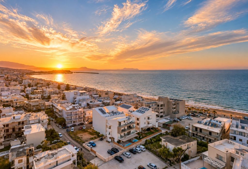 Aerial photo of the project area and the Rethymno beach at sunset.