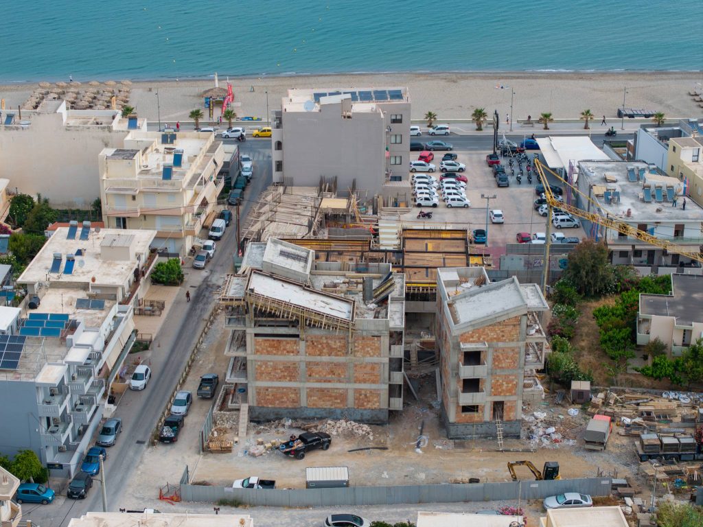 Aerial photo of the buildings under construction, a few metres from the Rethymno beach.