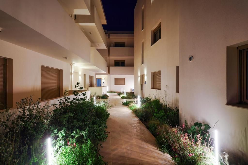 The lit pathway between the buildings, with planting on both sides.