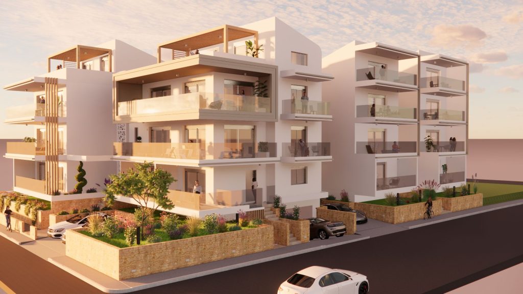 3D rendering of the design: the buildings of the complex from the street, with the gardens and the stonework at the base.