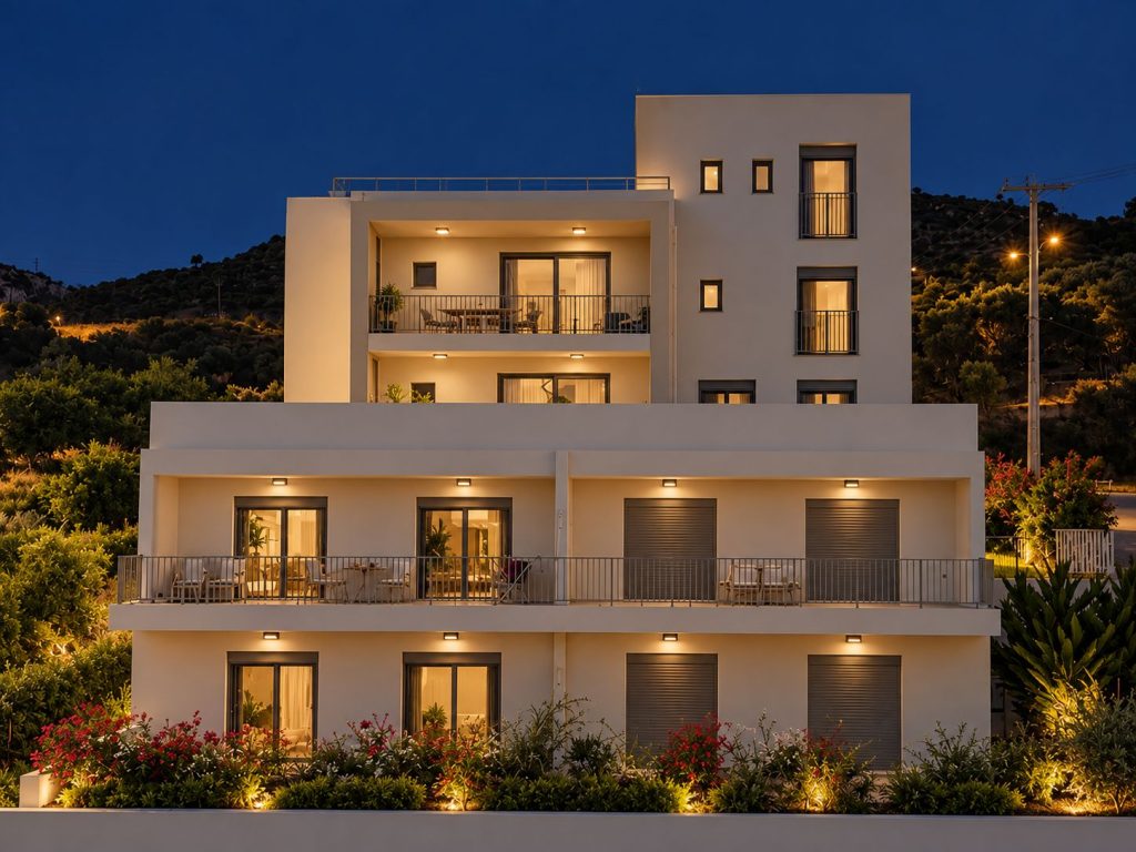 The front of the building at dusk, with lit balconies and the garden.